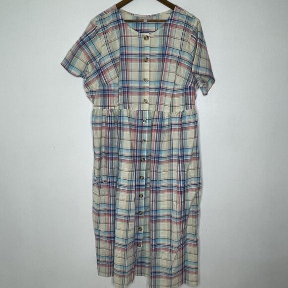 Woman Within Dress Womens 22W Neutral Plaid Button Front Midi Cottage Cabin - Picture 1 of 7